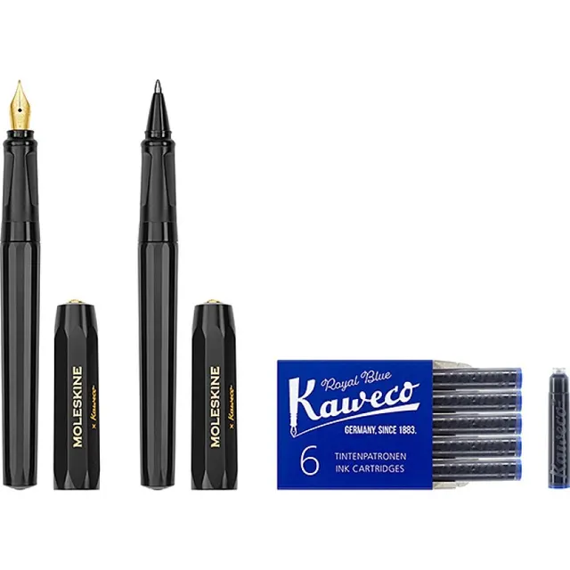 Moleskine x Kaweco: Zestaw Pióro wieczne M 6 nabojów długopis 1 0 mm. W metalowym etui vintage. Niebieski tusz i atrament do pióra. Kolor Zestawu czarny.
