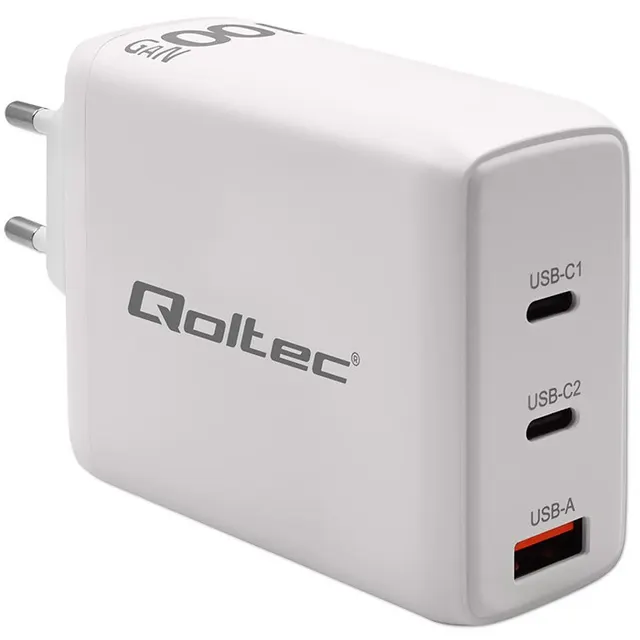 Qoltec Ładowarka sieciowa 100W GaN, 5-20V, 1.5-5A, 2 x USB-C PD, 1 x USB QC 3.0, Biała