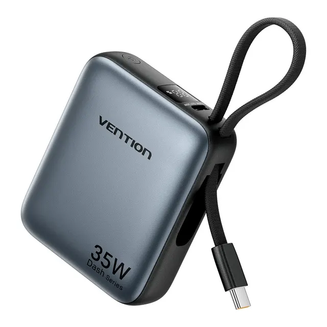 Powerbank Vention 10000mAh 35W PD z wbudowanym kablem USB-C szary