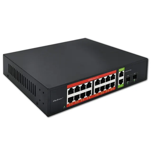 Qoltec Przełącznik sieciowy SWITCH Gigabit Ethernet PoE, 16x RJ45, 2x RJ45 Uplink, 2x SFP, 1000Mb/s