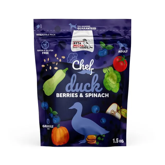 SYTA MICHA Karma sucha kaczka jagody i szpinak 1 5kg pies