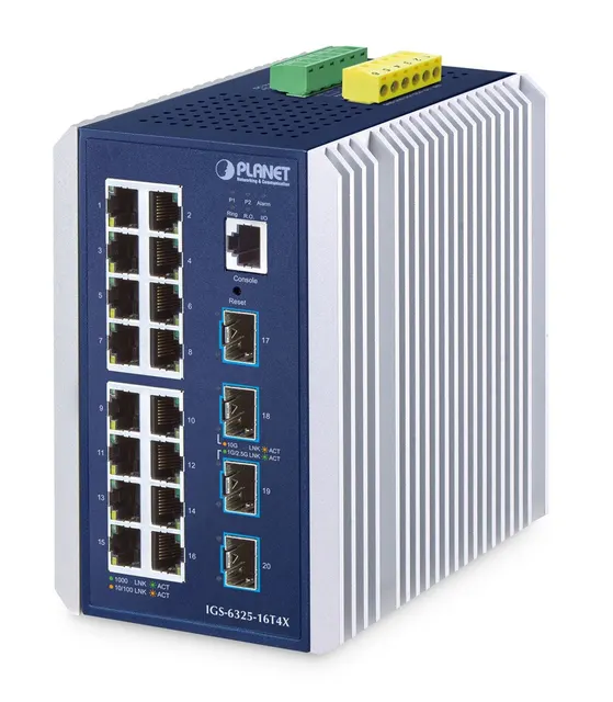 PLANET IP30 Industrial L3 16-Port Zarządzany Gigabit Ethernet (10/100/1000) Aluminium Niebieski