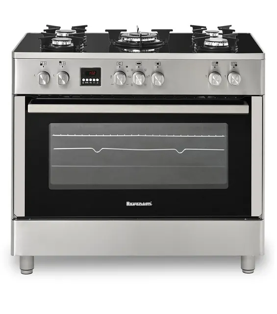 Kuchnia gazowo-elektryczna RAVANSON KWGE-K90 Glass Inox, 5 palników + palnik WOK, termoobieg, szklany front, inox