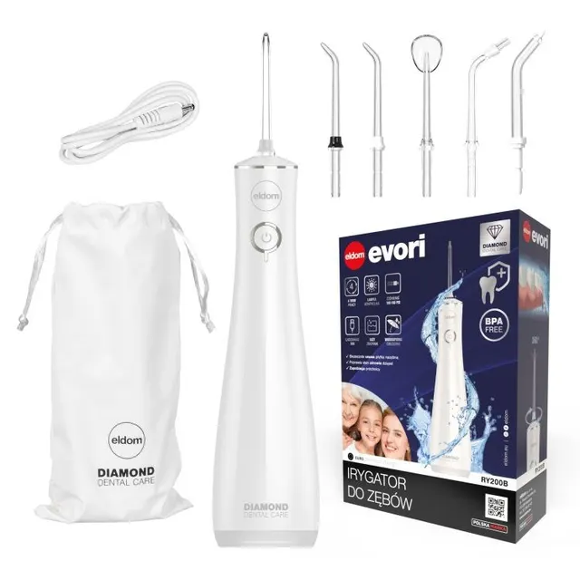 ELDOM IRYGATOR RY200B 230 ML AKUMULATOROWY BIAŁY CZAS PRACY 60 MIN. CZAS ŁADOWANIA OK. 6 H IPX7 ETUI PODRÓŻNE PRZEWÓD USB