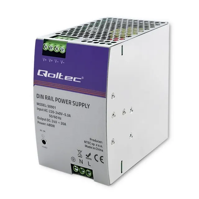 QOLTEC ZASILACZ NA SZYNĘ DIN PRZEMYSŁOWY, 480W, 24V, 20A