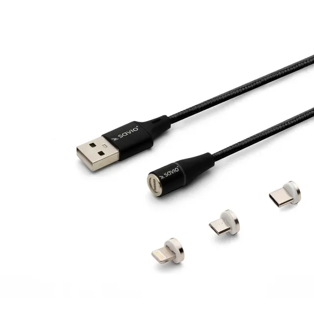 SAVIO KABEL MAGNETYCZNY USB - USB TYP C MICRO I LIGHTNING 2M CZARNY CL-155