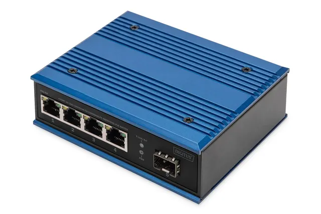 Przemysłowy switch 4x 1000Base-TX PoE 120W + 1x 1000Base-FX (bez modułu) DIN rozszerzony zakres temp