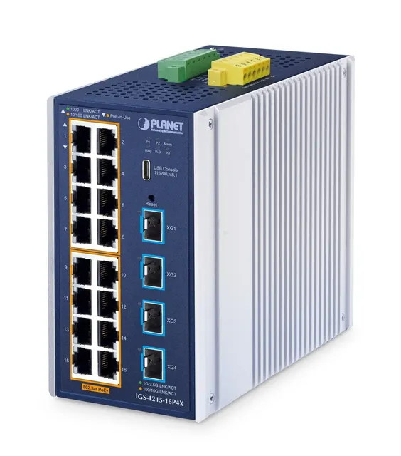 PLANET ndustrial L2+ 16-Port 10/100/1000T 802.3at PoE + 4-Port 10G SFP+ Managed Ethernet Switch Zarządzany L2+ Gigabit Ethernet (10/100/1000) Obsługa PoE Aluminium Niebieski