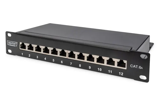 Digitus Panel krosowy (patch panel) 10'' 12x RJ45 LSA poziom kat.6A ekranowany 1U czarny prowadnica kabli