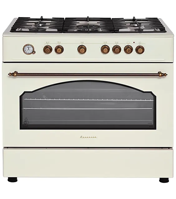 Kuchnia gazowo-elektryczna RAVANSON KWGE-90ARC Retro 90 cm, 5 palników + palnik WOK, termoobieg, rożen, kremowy