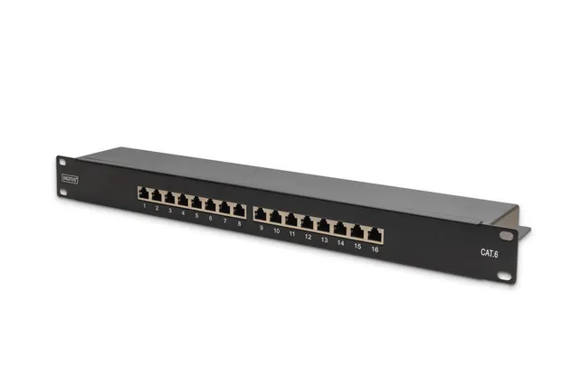 Digitus Panel krosowy (patch panel) 19'' 16x RJ45 LSA poziom kat.6 ekranowany 1U czarny prowadnica kabli