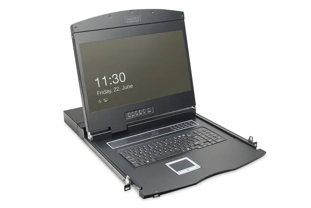 Digitus Konsola modułowa z monitorem TFT o przekątnej 19” (48 3 cm) 16-portowym przełącznikiem KVM Cat. 5 & touchpadem klawiatura niemiecka