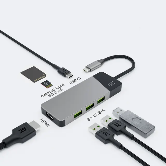 GREEN CELL HUB USB-C ADAPTER GC CONNECT 7W1 (3XUSB 3.1 HDMI 4K 60HZ USB-C PD 85W MICROSD/SD)