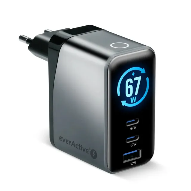 EVERACTIVE ŁADOWARKA SIECIOWA GAN 1 X USB 2 X USB-C QUICK CHARGE 4+ 67W CZARNA SC-670Q