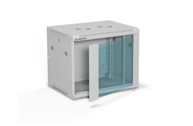 ALANTEC Szafa wisząca 19 9U 600x450 drzwi szklane kolor szary do samodzielnego montażu - Flat Pack (SW-9U-600-450-01-SF)