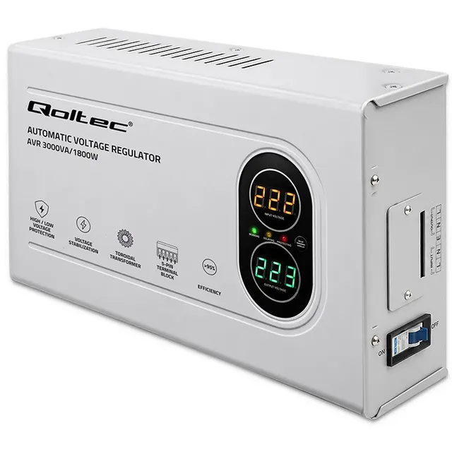 Qoltec Automatyczny Stabilizator napięcia AVR 3000VA, 1800W, Compact, Toroidalny transformator
