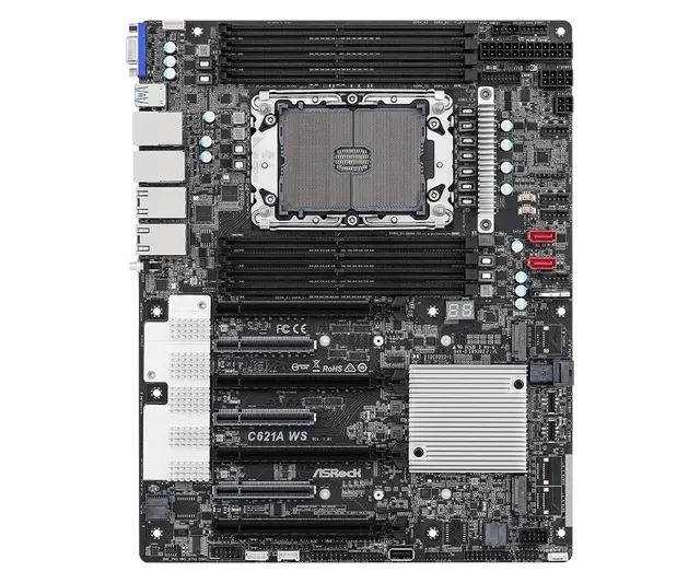 ASROCK C621A WS 1xLGA4189 Socket (Socket P+) 8xDDR4 3200 RDIMM/LRDIMM 4xPCIe 4.0x16 3xPCIe 4.0x8 1xD-Sub 2xSATA3 1xMini-SAS HD 1xUltra M.2 Socket 1xM.2 Socket 2x USB3.2 type-C 6xUSB3.2 Gen1 3xUSB2.0 2x10 GbE LAN(Intel® X710-AT2) 2x1 GbE LAN(I