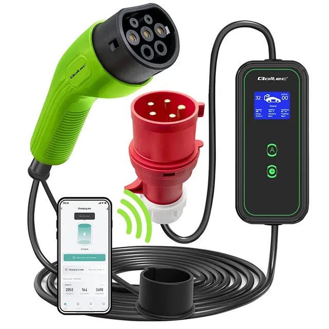 Qoltec Mobilna ładowarka do samochodu elektrycznego EV z regulacją 2w1 Typ2, 7kW, 230V, CEE 3 PIN, Wi-fi, LCD, Przenośna, Wallbox, 5m