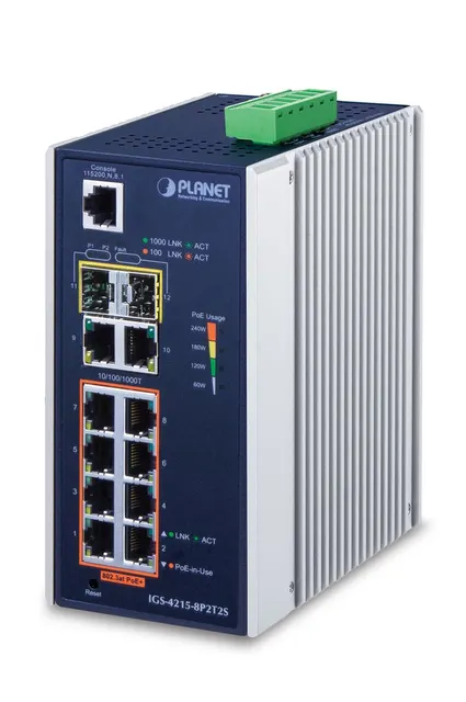 PLANET IGS-4215-8P2T2S łącza sieciowe Zarządzany L2/L4 Gigabit Ethernet (10/100/1000) Obsługa PoE Niebieski Srebrny