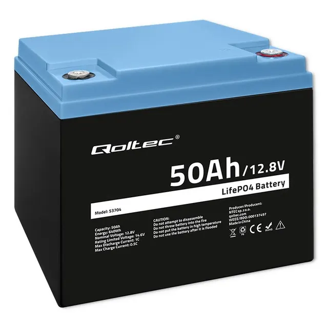 Qoltec Akumulator LiFePO4 Litowo-Żelazowo-Fosforanowy, 12.8V, 50Ah, 640Wh, BMS