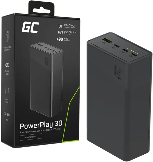 Powerbank Greencell PowerPlay 30 - czarny 30 000mAh 22 5W 4 porty
