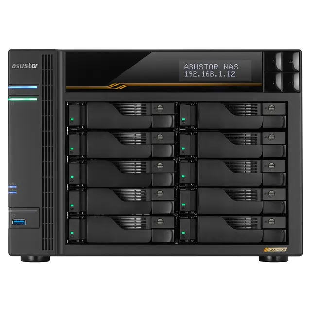NAS Asustor AS6810T; Tower; 10x (3.5 SATA HDD/ 2.5 SSD); AMD Ryzen Embedded V3C14; 16G ECC DDR5 SODIMM (max. 64GB) 2x 10GbE 2x 5GbE 4x M.2 2280 NVMe PCIe 4.0 2x USB4 2x USB 3.2 Gen 1x optional 10 GbE card