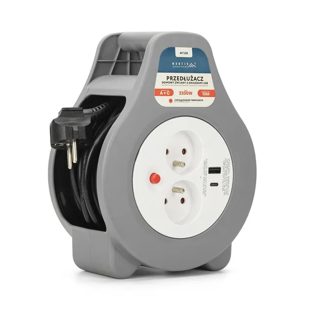 MONTIS PRZEDŁUŻACZ DOMOWY ZWIJANY Z DWOMA GNIAZDAMI USB TYPU A+C 10M SZARY MT188