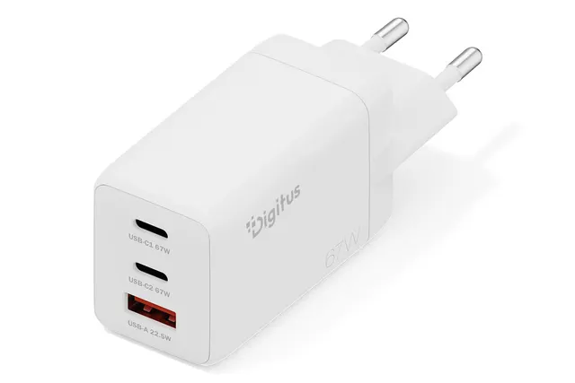 Digitus Ładowarka sieciowa GaN II 67W, 2x USB-C 1x USB-A, PD 3.0 QC 3.0, Biała