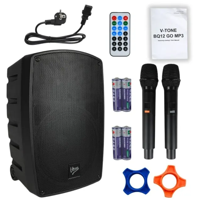 V-TONE BQ12 GO MP3 - Kolumna aktywna akumulatorowa czarna Bluetooth TWS USB SD DSP AUX pilot na podczerwień 2x mikrofon bezprzewodowy wysuwana rączka kółka transportowe zestaw