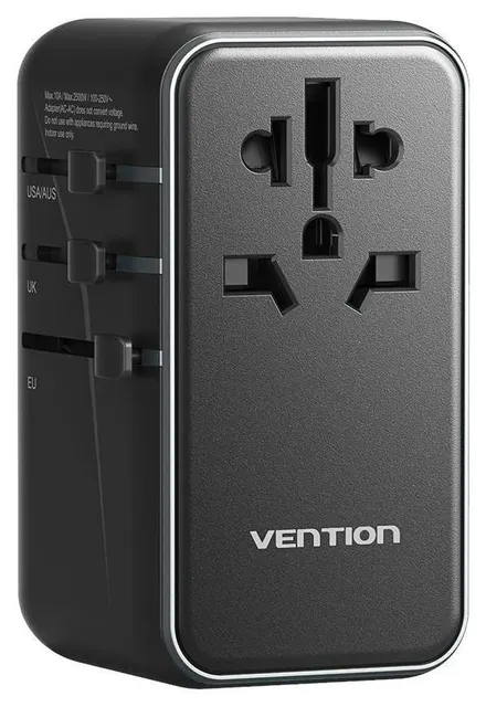 Uniwersalny adapter podróżny z ładowarką Vention 100W GaN 1x USB-A 3x USB-C czarny