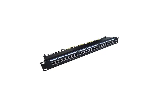 Patch panel DIGITUS DN-91624S-EC 19'' 24x RJ45 LSA poziom kat.6 ekranowany 1U czarny prowadnica kabli pola opisowe