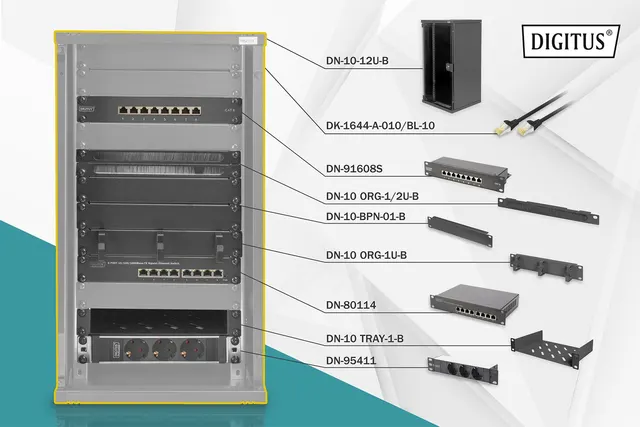Zestaw sieciowy 10 : szafa wisząca 12U półka listwa zasilająca 8-port switch panel kat.6 czarny