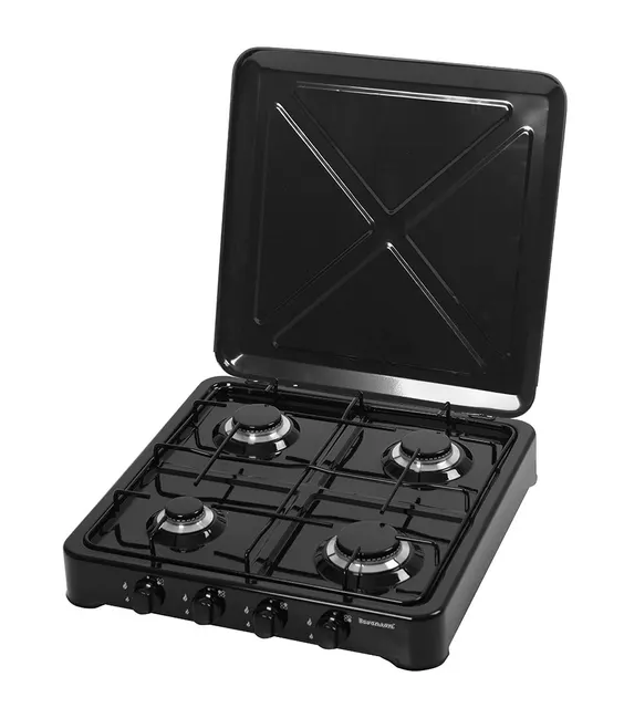 Kuchenka gazowa nastawna Ravanson K-04TB, 4 palniki, pokrywa transportowa, gaz LPG, czarny