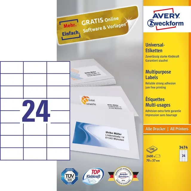 Avery 3474 samoprzylepne etykiety Prostokąt Na stałe Biały 2400 szt.