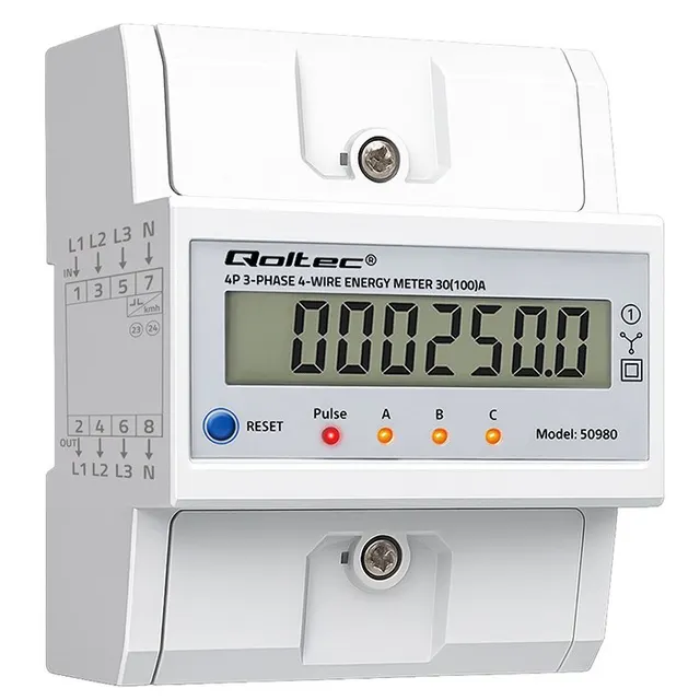 QOLTEC LICZNIK ENERGII TRÓJFAZOWY NA SZYNĘ DIN, 400V, 100A, LCD, LED, 4P