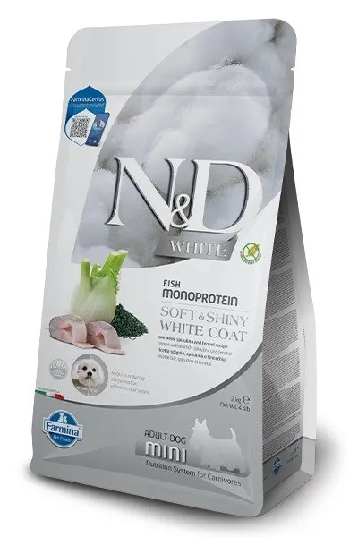 FARMINA N&D WHITE DOG SEA BASS Spirulina and Fennel Adult Mini - sucha karma dla psów ras białych - 2 kg