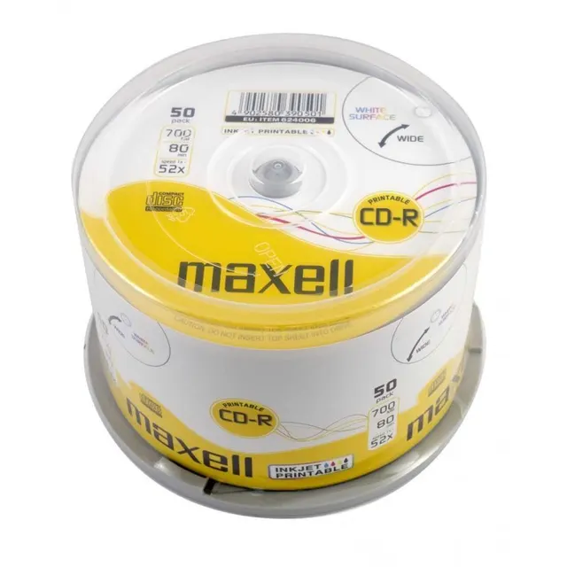MAXELL CD-R 700MB 50 szt. w opakowaniu cake (szpindel) szybkość zapisu 52X 80 min. Płyty wysokiej jakości z możliwością nadruku i nagrywania muzyki. Przeznaczenie Multimedia.