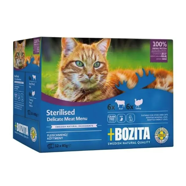 Bozita Sterylizowane Kawałki w Galaretce z Mięsem - mokra karma dla kota- Multibox 12 x 85g