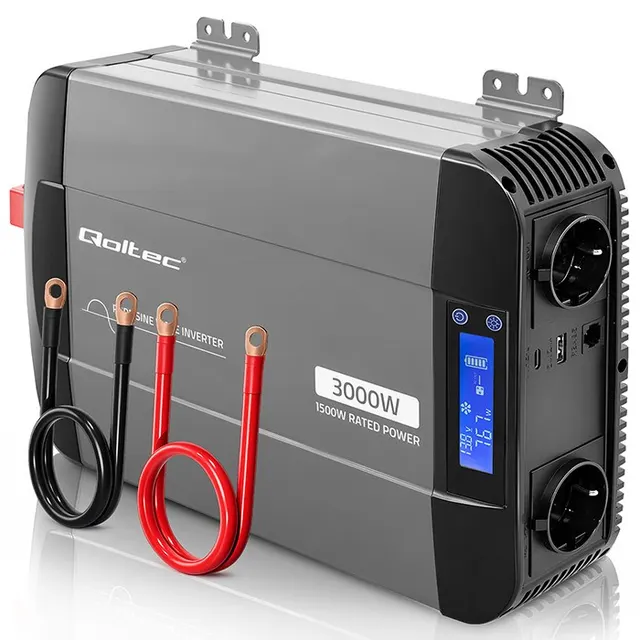 Qoltec Przetwornica napięcia Pure Sine Wave, 12V na 230V, 1500/3000W, LCD, USB, USB-C, Kompatybilna z LiFePO4 GEL AGM