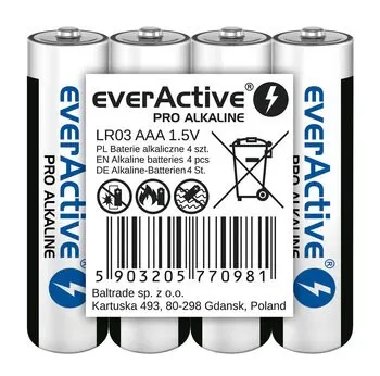EVERACTIVE BATERIE ALKALICZNE PRO ALKALINE R03 AAA SHRINK 4SZT 1250 MAH WYSOKA WYDAJNOŚĆ LR03PRO4T