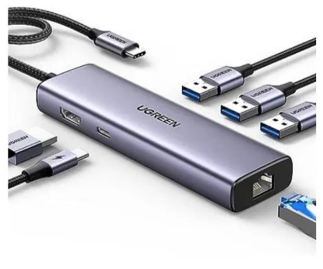 HUB Ugreen CM512 15598 6w1 USB-C - 3x USB-A 3.0 / HDMI / RJ45 / USB-C PD - szary