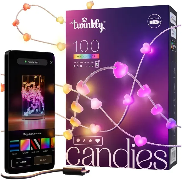 Twinkly Candies – 100 Lampki w kształcie serc RGB LEDs przezroczysty przewód USB-C