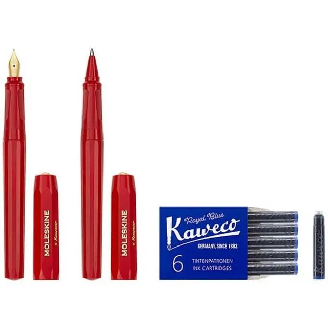 Moleskine x Kaweco: Zestaw Pióro wieczne M długopis 6 niebieskich nabojów i etui. Niebieski tusz i atrament do pióra. Kolor Zestawu czerwony.
