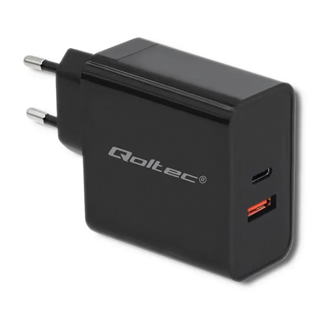 QOLTEC ŁADOWARKA SIECIOWA 63W, 5-20V, 1.5-3A, USB TYP C PD, USB QC 3.0, CZARNA
