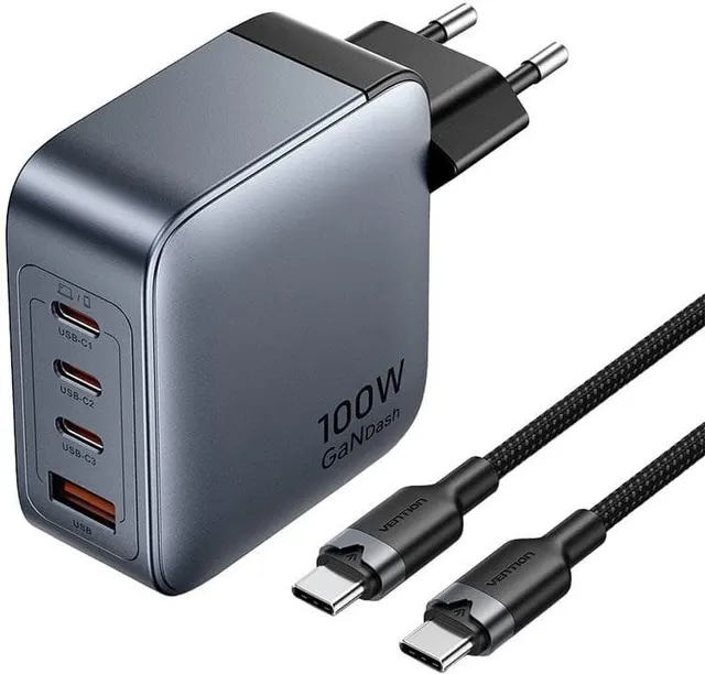 Ładowarka Vention 100W GaN 1x USB-A 3x USB-C + kabel USB-C do USB-C 1m