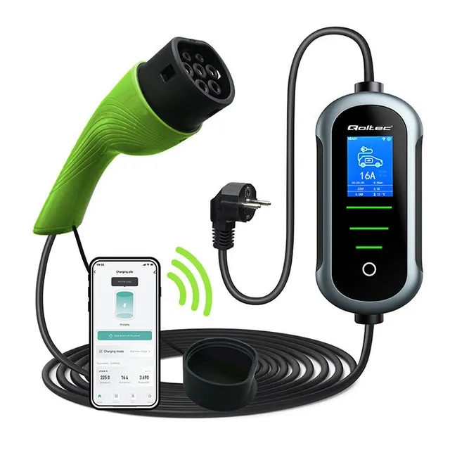 Qoltec Mobilna ładowarka do samochodu elektrycznego EV z regulacją 2w1 Typ2, 3.5kW, 230V, SCHUKO 16A, Wi-fi, TUYA, SMART LIFE, LCD, Przenośna, 5m (52435)