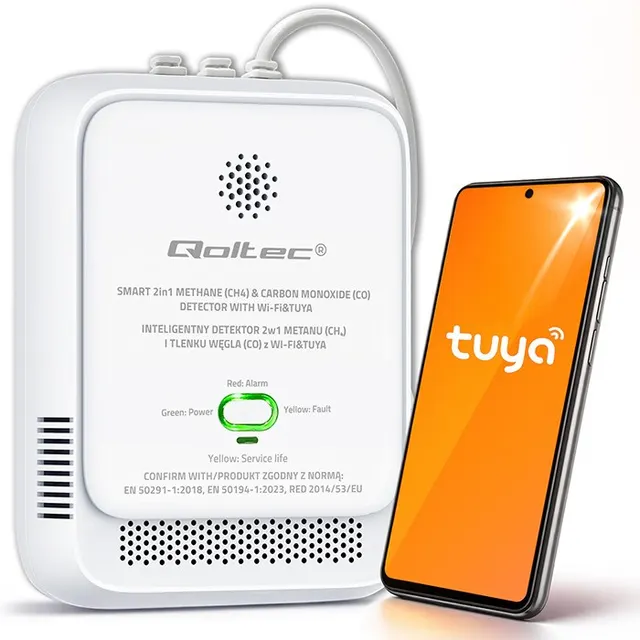 QOLTEC CZUJNIK WYCIEKU GAZU ZIEMNEGO I TLENKU WĘGLA (CZADU), TUYA, WI-FI, ALARM 85DB, LED