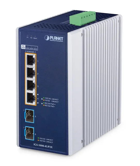 PLANET IGS-1000-4UP2X przełącznik sieciowy 2.5G Ethernet (100/1000/2500) Obsługa PoE Aluminium Niebieski