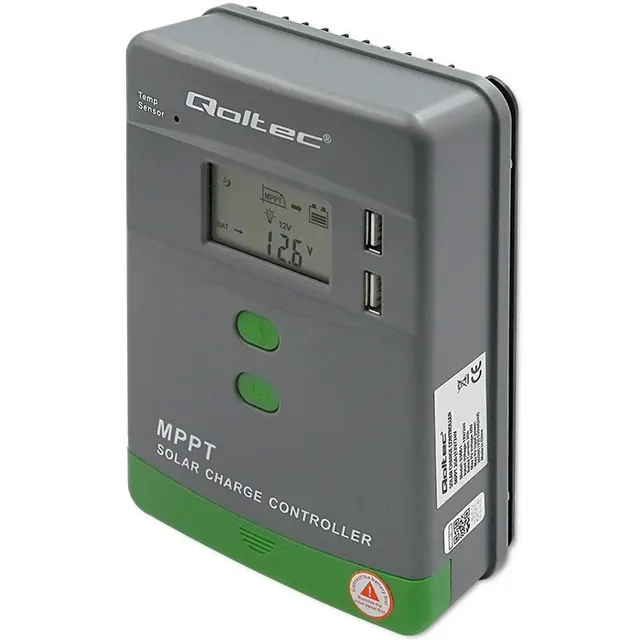 Qoltec Solarny regulator ładowania MPPT z czujnikiem temperatury 20A, 12V / 24V, LCD, 2 x USB
