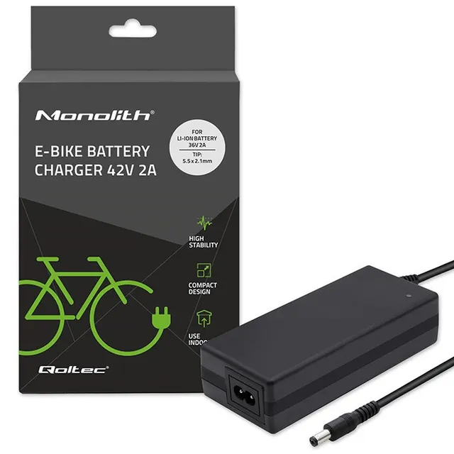 QOLTEC ŁADOWARKA DO BATERII ROWERU ELEKTRYCZNEGO 36V, 42V, 2A, 5.5*2.1
